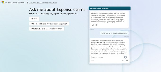 HeetDayaniBJP's tweet image. 👋 Just built an AI Copilot Agent using #CopilotStudio to help employees manage expense claims! 💼✨
📄 Linked to real company policy docs
🧠 Understands natural language queries
⚙️ Powered by #GenerativeAI
🚀 Built with #MicrosoftCopilotStudio
#AIAgent  @MicrosoftLearn
