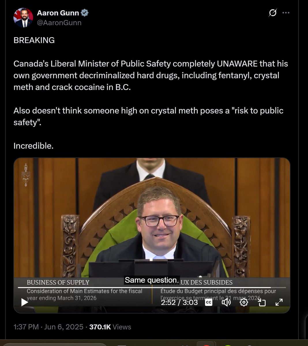 He also misrepresents Hon. Gary Anandasangaree on his June 6  gotcha vid [370kViews] . He Claims Gary said a person high on meth is no danger, when Gary said ask the minister of health.  
ourcommons.ca/embed/en/i/130…