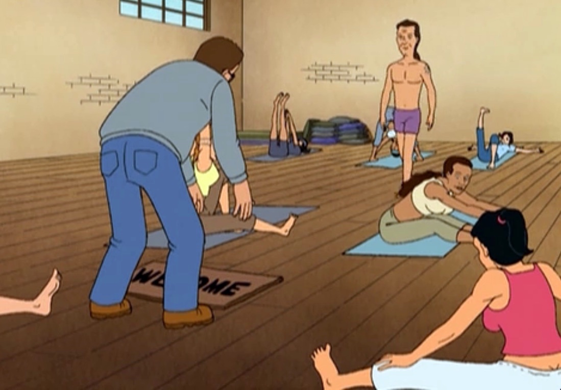reallygordon's tweet image. it’s so dumb but maybe my favorite king of the hill joke is hank using a welcome mat as a yoga mat at his first yoga class
