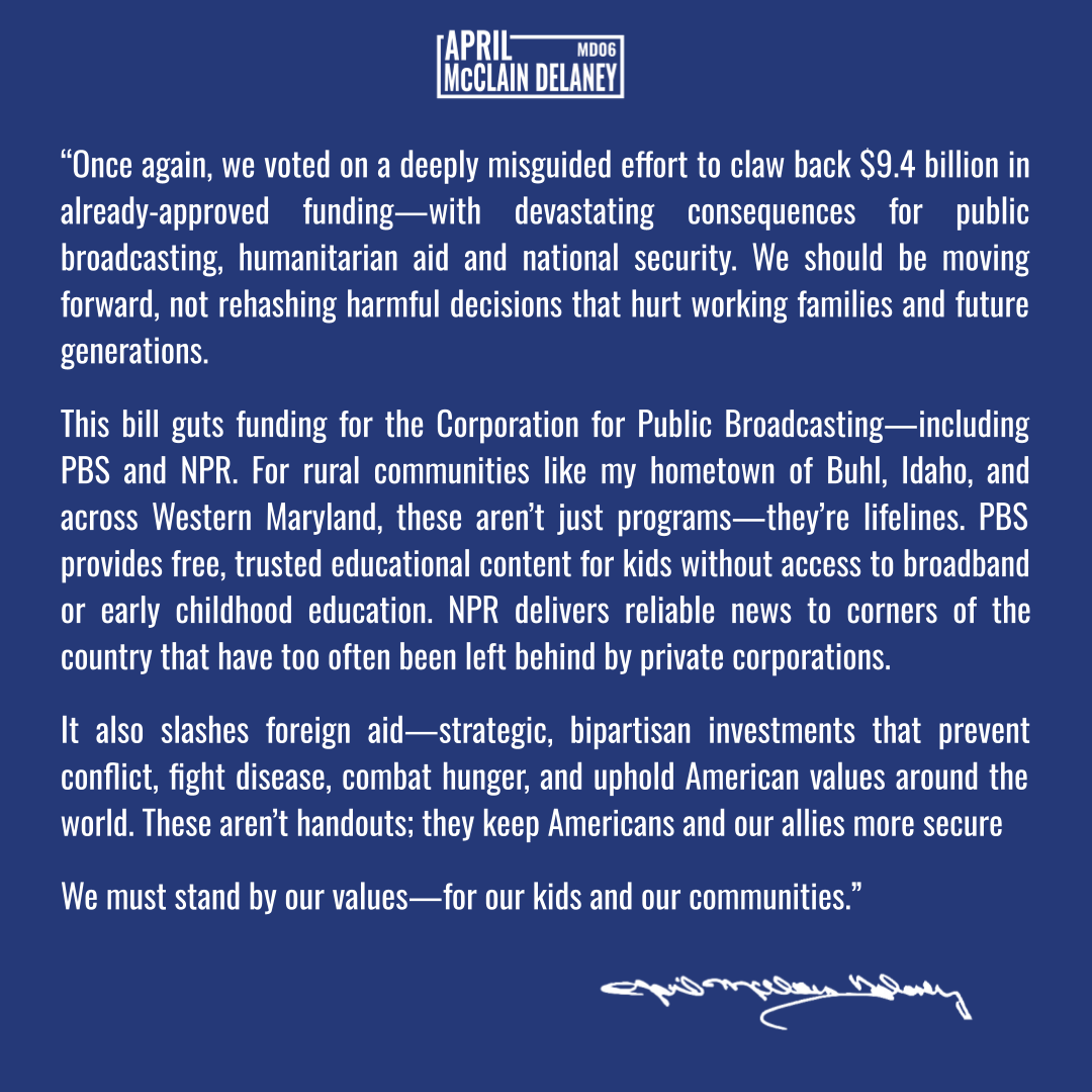 RepAprilDelaney's tweet image. My statement after voting "no" on the rescissions package. Maryland deserves better.