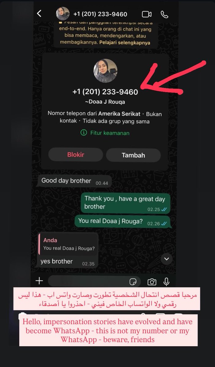 doaadoaad4's tweet image. Hello, impersonation stories have evolved and have become WhatsApp - this is not my number or my WhatsApp - beware, friends
مرحبا، قصص انتحال الشخصية تطورت وأصبحت واتساب - هذا ليس رقمي ولا واتسابي - احذروا يا أصدقاء