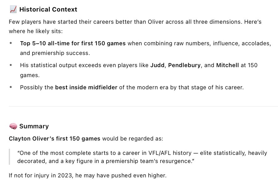 To the lazy footy media, put the following into ChatGPT “Where would Clayton Olivers first 150 games sit in the history of the game, when you take in the statistics, accolades and success?” Now you can write your articles about his 200th tomorrow night. Attached is just a flavour