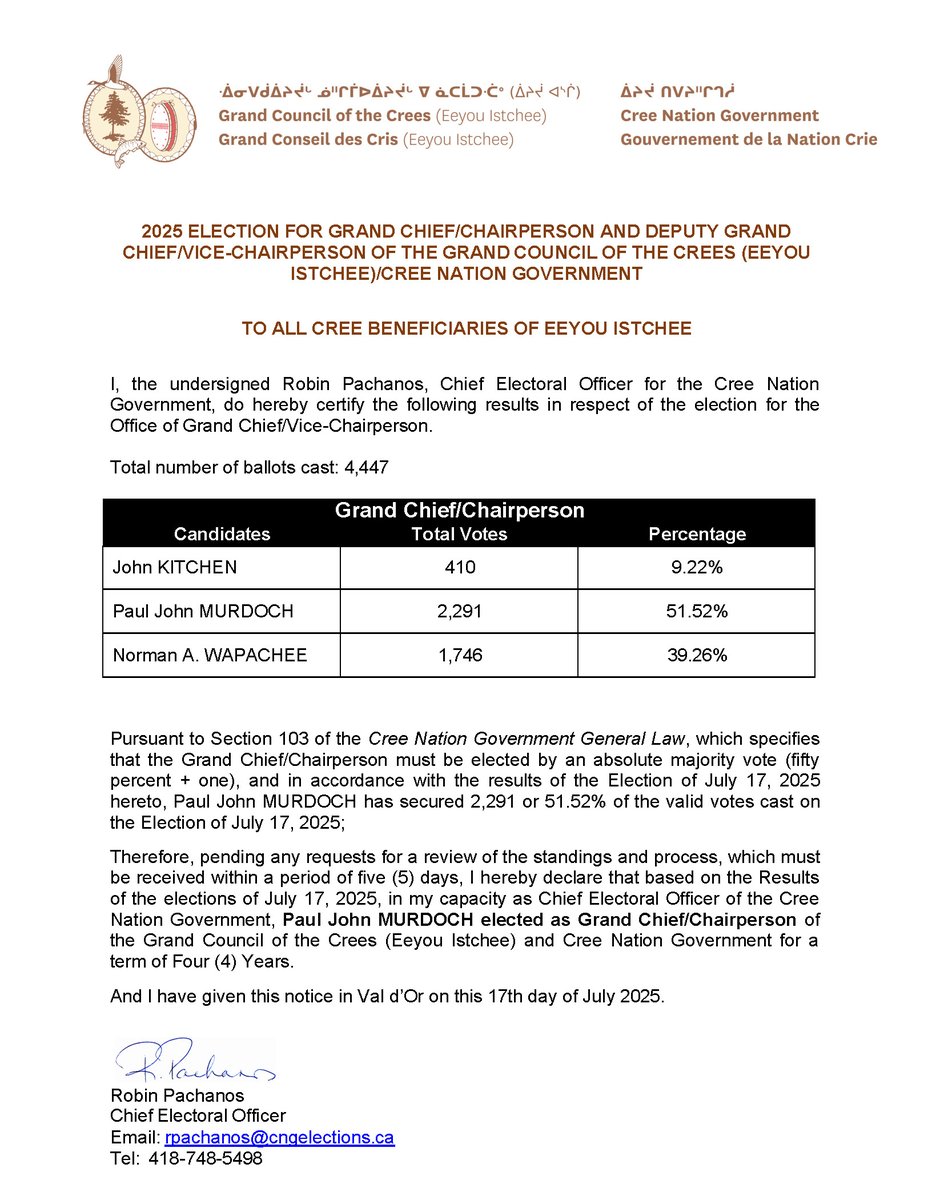 2025 ELECTION FOR GRAND CHIEF/CHAIRPERSON AND DEPUTY GRAND CHIEF/VICE-CHAIRPERSON OF THE GRAND COUNCIL OF THE CREES (EEYOU ISTCHEE)/CREE NATION GOVERNMENT
cngelections.ca/wp-content/upl…