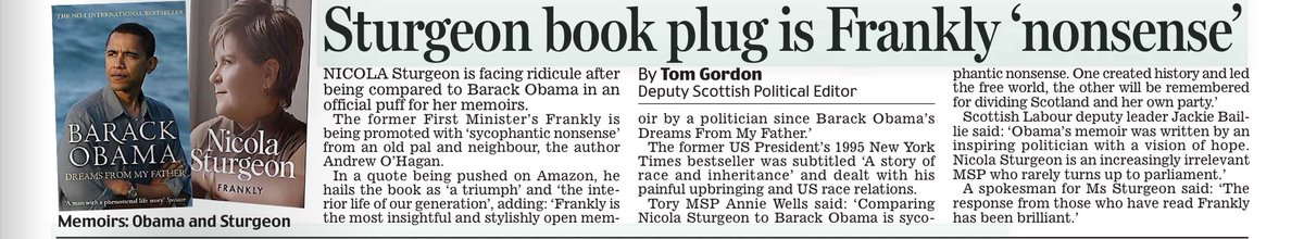 CallmeRayf's tweet image. As we approach the launch of Sturgeonโs memoirs, her publicity machine favourably compares her to Barack Obama.
Her enormous ego knows no boundsโฆ. ๐คฆโโ๏ธ