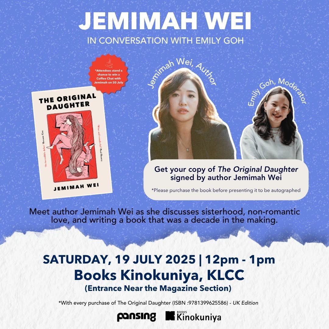 definitelybooks's tweet image. It's happening tomorrow!!📢
Get a copy of The Original Daughter and stand a chance to win a coffee chat session with Jemimah Wei. ☕️📖
#booktalk
#JemimahWei