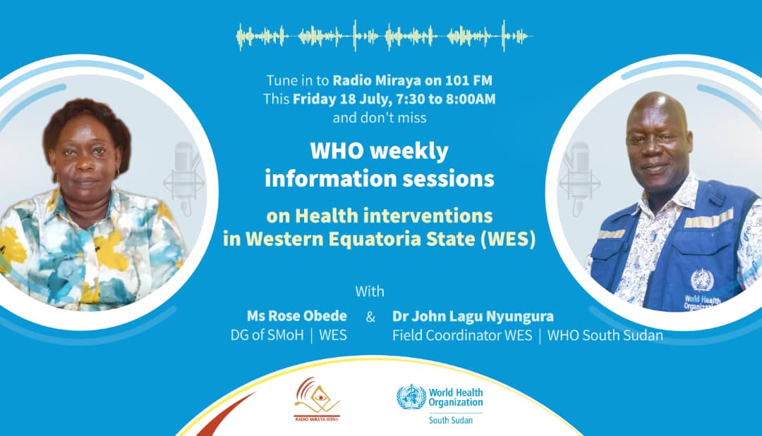 RadioMiraya's tweet image. 🩺THIS MORNING: Health Series Update | Western Equatoria
We focus on Western Equatoria State, where health officials and @WHOSouthSudan warn of rising risks, including cholera.
🔸We speak to Ms Rose Obede & Dr John Lagu on preparedness and response efforts.