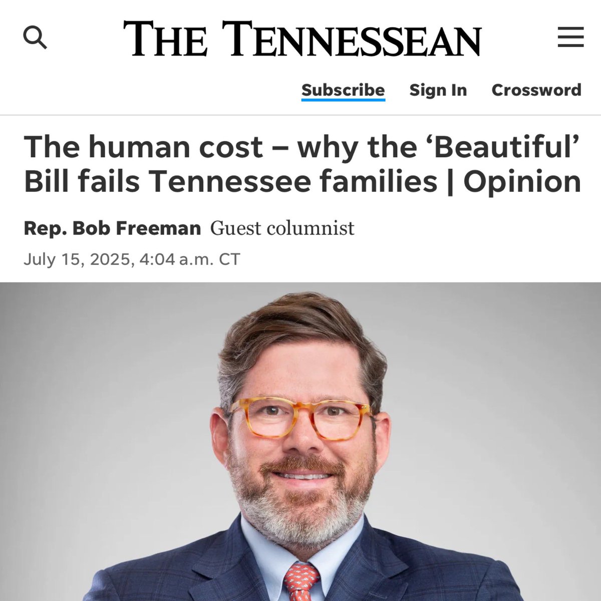 The Tennessee Holler (@thetnholler) on Twitter photo Rep. <a href="/VoteBobFreeman/">Rep. Bob Freeman</a>: âThis bill doesnât reflect Tennessee values. It doesnât value life, access, or fairness⊠whatâs happening now isnât just fiscally irresponsible â itâs morally indefensible.â #TrumpsTrillionsTransfer
knoxnews.com/story/opinion/⊠Rep. <a href="/VoteBobFreeman/">Rep. Bob Freeman</a>: âThis bill doesnât reflect Tennessee values. It doesnât value life, access, or fairness⊠whatâs happening now isnât just fiscally irresponsible â itâs morally indefensible.â #TrumpsTrillionsTransfer
knoxnews.com/story/opinion/âŠ