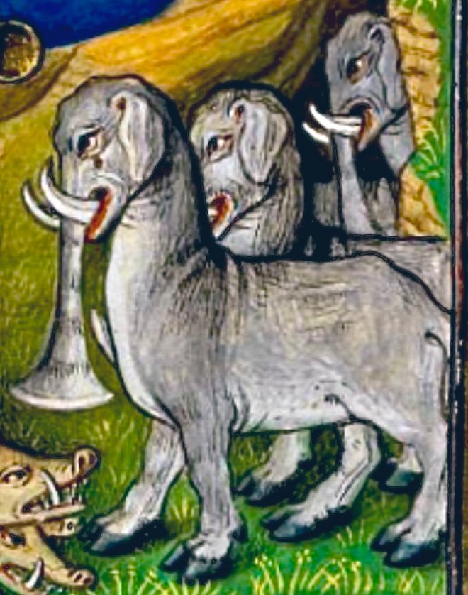 MedMilMedicine's tweet image. For Friday, fantastic hooves on these ‘elephants done by a medieval artist who had never seen one’ - early 15th century, British Library, Royal MS 20 B XX, f. 57r