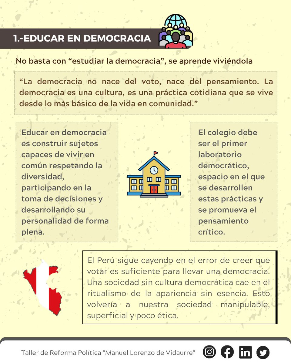 TAREPUNMSM's tweet photo. 📚 “La política en el aula” de Joaquín Pezo recuerda que la democracia se aprende viviéndola desde la escuela.

¿Formamos ciudadanos críticos o solo obedientes?
💡 La educación es el primer acto democrático.

#Educación #Democracia #CienciaPolítica https://t.co/VlTxKsvO5w