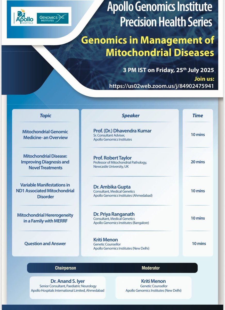 Important Seminar on Mitochondrial Diseases; Key note speaker from University of Newcastle UK, member of the pioneer team that discovered the 'Three  Parent' concept for prevention of lethal mitochondrial disorders. Welcome All to this event.