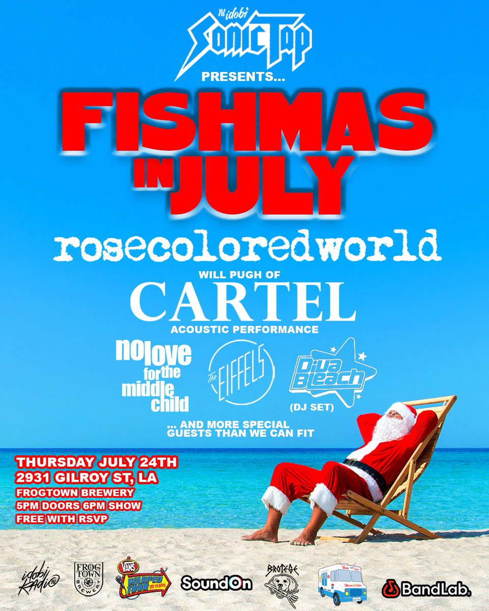 The Eiffels perform at the FREE Official Vans Warped Tour Pre-Party! idobi SonicTap presents Fishmas in July: Los Angeles 7/24 at Frogtown Brewery 5pm!

RSVP - partiful.com/e/rfVTNed9ZrCL…
