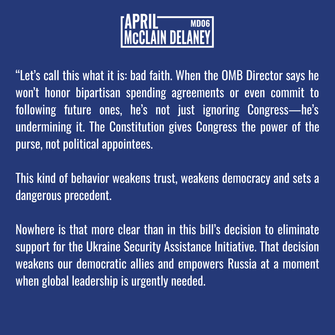 RepAprilDelaney's tweet image. My statement after voting "no" on the Majority's Defense Appropriations bill. Our service members deserve better.