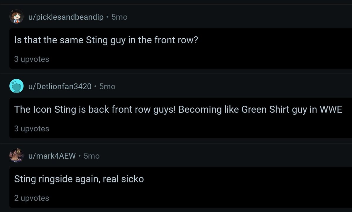 DoppelStinger's tweet image. Love that people love seeing me front row at @AEW in @Sting gear. Me too! I'd do more shows but I’ve got a job, bills, & sadly not born with the $ or powers of Green Shirt Guy. I’ll show up when possible. Spirit’s always ringside @AEWonTV. 🦂🦂 #cosplaysting #stingcosplay