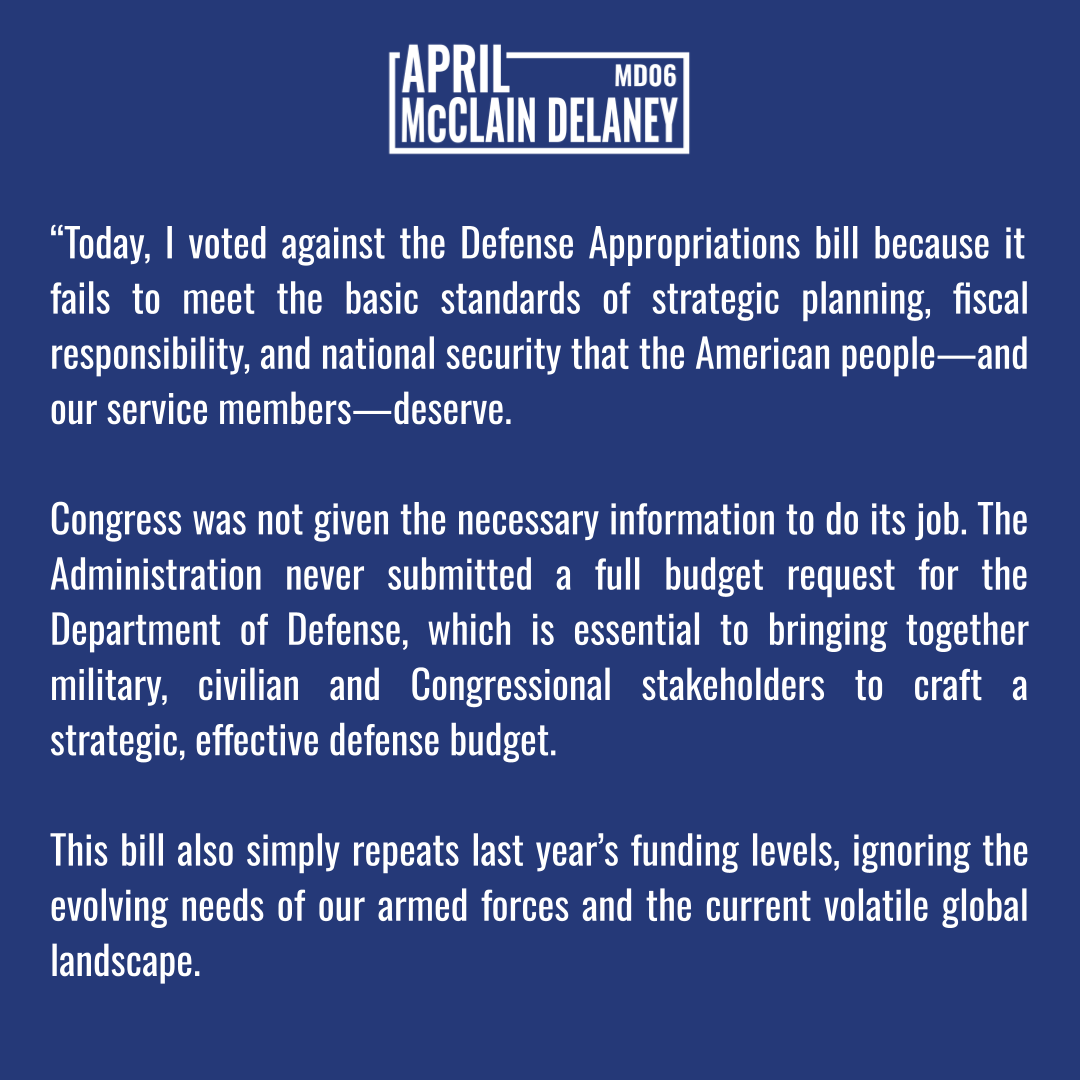 RepAprilDelaney's tweet image. My statement after voting "no" on the Majority's Defense Appropriations bill. Our service members deserve better.