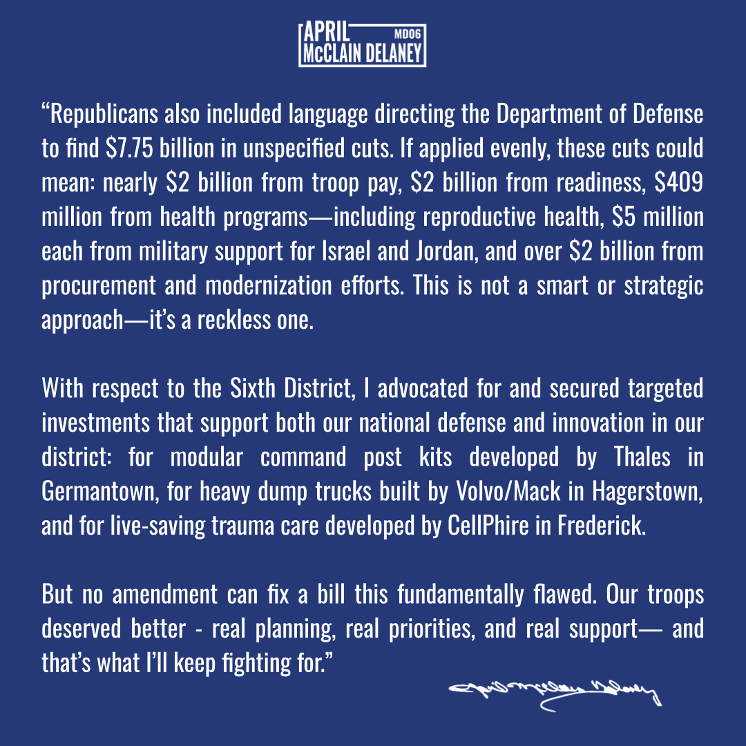 RepAprilDelaney's tweet image. My statement after voting "no" on the Majority's Defense Appropriations bill. Our service members deserve better.