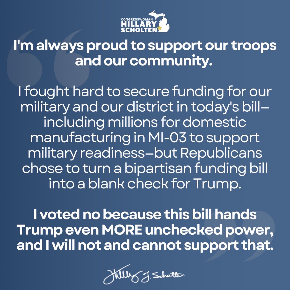 RepScholten's tweet image. I voted no on HR 4016 because this bill hands Trump even MORE unchecked power. I will not and cannot support that.