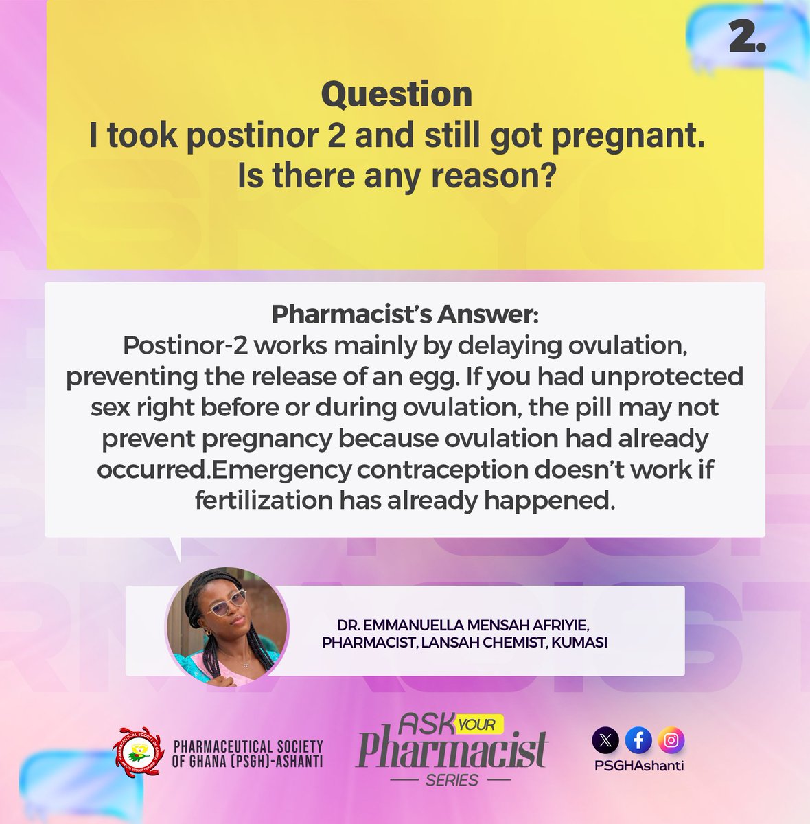 PSGhAshanti's tweet image. Other reasons why your postinor 2 or lydia postpill failed to prevent pregnancy. #PSGHAGM #PSGhAshanti #PSGh #AskYourPharmacist