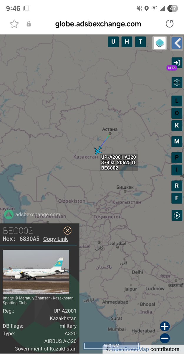Borrowed7Time's tweet photo. Kazakhstan Govt A-320 UP-A2001 #6830A5 as BEC002 departed Astana, tracking SW.
@sipjack1776 @Dinlas3 https://t.co/ysmUMi2vjK