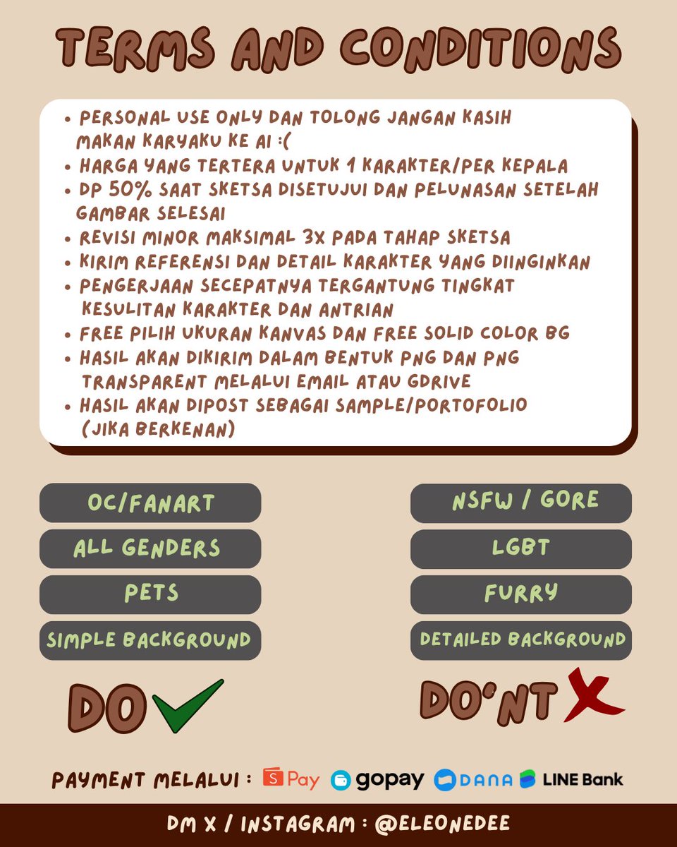 eleonedee's tweet image. COMMISSION OPEN📢
(LOCAL ONLY)
✨Likes/RTs are appreciated✨
Haloo, aku open jasa gambar nih, kalau tertarik aku gambarin bisa DM akun ini atau ke instagram aku yaa😆
OPEN TERUS GES, DM AJA YH💥
((butuh tambahan pemasukan😔🙏🏻))
instagram.com/eleonedee
Terima kasih ♥️