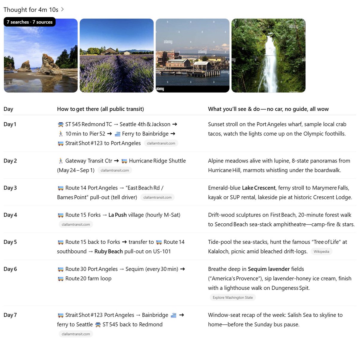 ZacharyHuang12's tweet image. ChatGPT with web search is really good at planning trips! I'm on vacation and asked it to plan a trip to Olympic National Park. Since I can't drive, the trip only uses public transportation. The plan looks good so far - let's see how well it actually works!