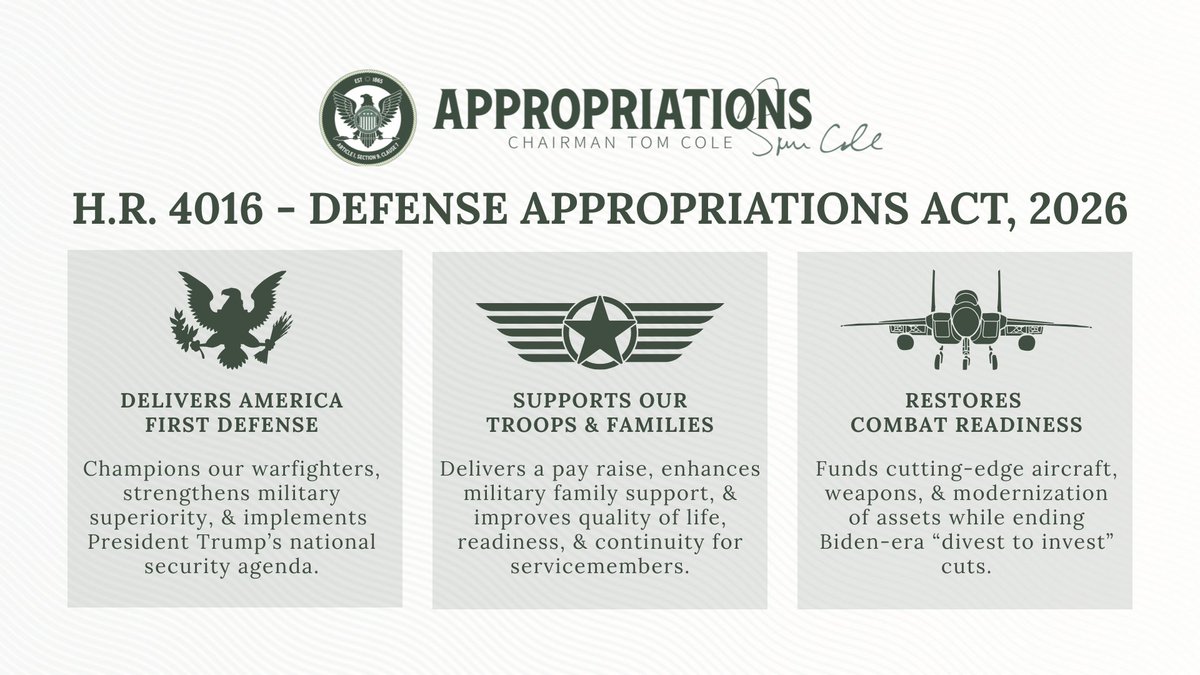 rep_stevewomack's tweet image. Combined with the recently passed One Big Beautiful Bill, the FY26 Defense Appropriations Bill brings the total defense budget for FY26 to $1 trillion—a funding level that must be increased in the coming years to protect our national security. I’m pleased the House passed this…