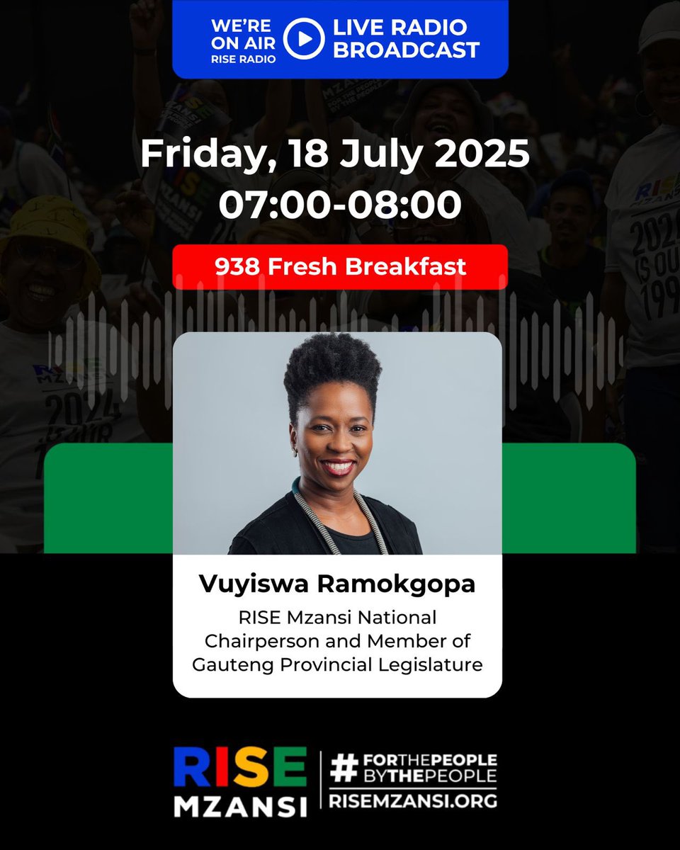 RISEGauteng's tweet image. Tune in to hear @RISE_Mzansi National Chair @VuyiswaRamokgop on 938 Fresh Breakfast today at 7am, broadcast live from Door of Hope, a haven for abandoned children.
She will be chatting to @DJFreshSA about her life as a Jozi resident, her work as MEC, and the legacy of Mandela.