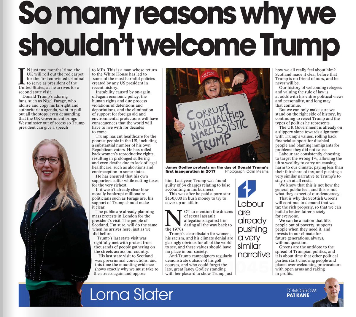 CallmeRayf's tweet image. In todayโs National comedy column, Lorna Slater says the UK shouldnโt welcome Trump whilst celebrating the political vision of..ehโฆ Janey Godley. She forgets Swinney is desperately seeking a photo-opportunity with Trump this month.
And tomorrowโs columnist is Pat Kane ๐คฆ