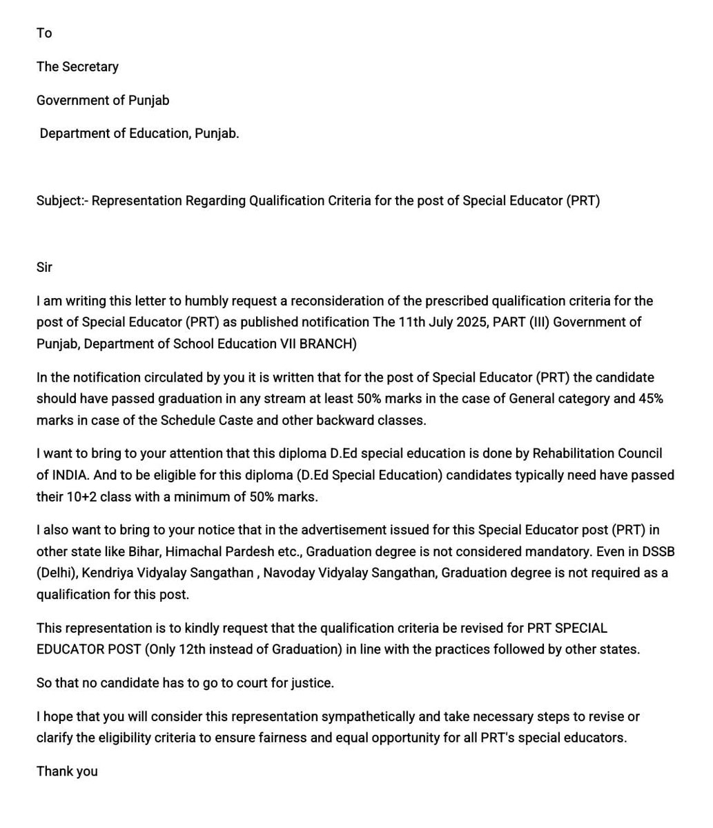 393 ETT ਸਪੈਸ਼ਲ ਏਜੁਕੇਟਰ ਦੀ ਅਸਾਮੀਆਂ ਵਿਚ graduation ਦੀ ਥਾਂ +2 qualification (RCI diploma) ਰੱਖੀ ਜਾਵੇ...
<a href="/CMOPunjab3/">CMO Punjab</a> <a href="/BhagwantMann/">Bhagwant Mann</a> <a href="/harjotbains/">Harjot Singh Bains</a> <a href="/AAPPunjab/">AAP Punjab</a>