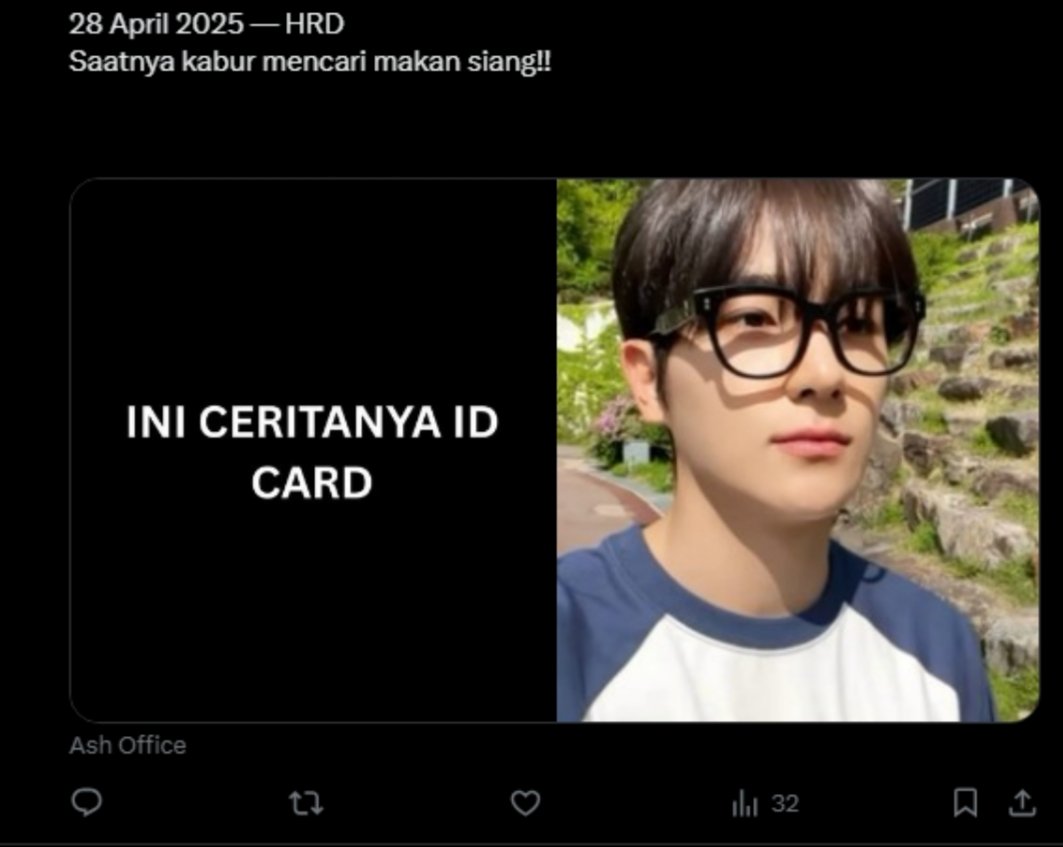Absensi 18-19 Juli 2025

Tweets berupa Caption current situation di kantor beserta fotonya + ID CARD + TAG BASE 

Kemudian isilah form dibawah ini dengan mencantumkan quote absensi kalian

🖇 ( docs.google.com/forms/d/e/1FAI… )

Contoh tweet :