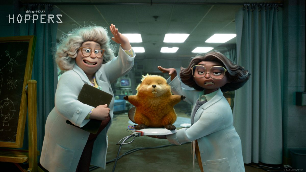Pixar's tweet image. Check out these new images from Disney & Pixar's #Hoppers, arriving in theaters March 6, 2026. 🦫