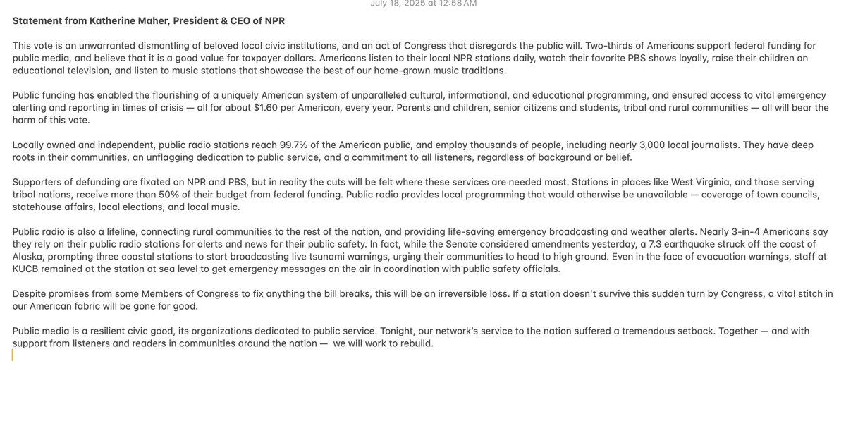 BenMullin's tweet image. NPR's chief executive, Katherine Maher, calls tonight's vote "unwarranted dismantling of beloved local civic institutions." Her statement: