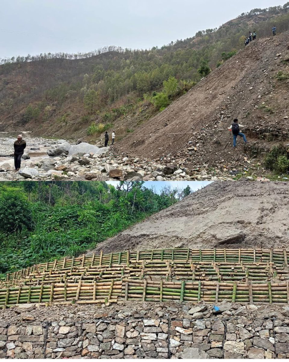 finlandinnepal's tweet image. #Bioengineering in Dailekh! 🇫🇮🇪🇺🇳🇵-funded LACC Project is building living walls using bamboo and native plants, protecting nature and people. This solution will prevent landslides, control floods and restore valuable water sources – led by communities who know the land best. 🌱