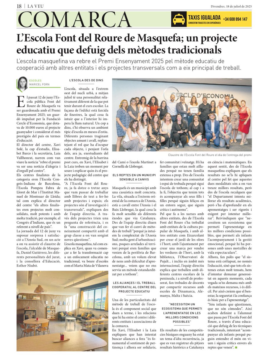Esc Font del Roure (@fontdelroure) on Twitter photo L’Escola Font del Roure de Masquefa; un projecte educatiu que defuig dels mètodes tradicionals.
L’escola masquefina va rebre el Premi Ensenyament 2025 pel mètode educatiu de cooperació amb altres entitats i els projectes transversals com a eix principal de treball. <a href="/VeuAnoia/">La Veu de l'Anoia</a> L’Escola Font del Roure de Masquefa; un projecte educatiu que defuig dels mètodes tradicionals.
L’escola masquefina va rebre el Premi Ensenyament 2025 pel mètode educatiu de cooperació amb altres entitats i els projectes transversals com a eix principal de treball. <a href="/VeuAnoia/">La Veu de l'Anoia</a>