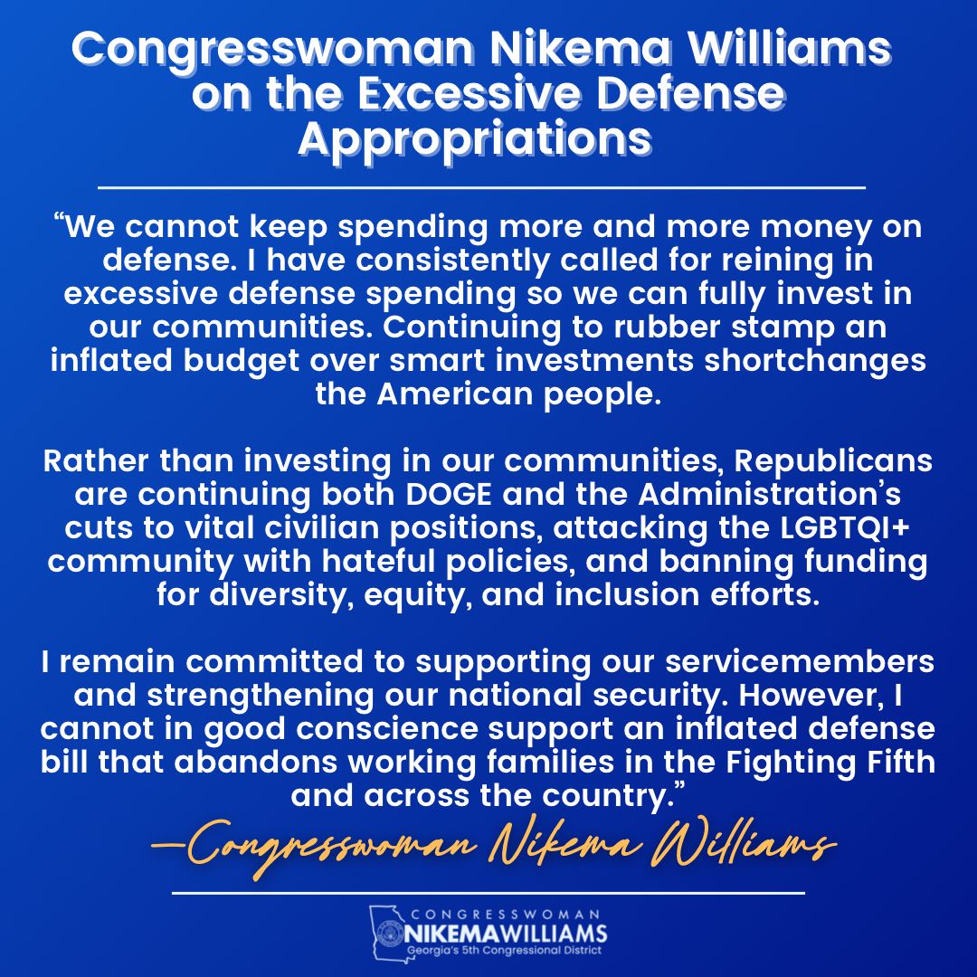 RepNikema's tweet image. I cannot support an inflated defense bill that abandons working families in the #FightingFifth and across the country. Please read my full statement.