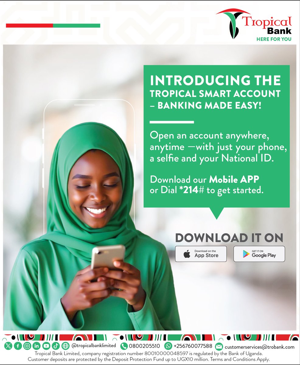 TropicalBankUG's tweet image. Introducing the Tropical Smart Account-
Banking made easy!
Open an account anywhere, anytime -with just your phone, a selfie and your National ID.
Download our Mobile App or Dial *214# to get started.
#HereForYou #TropicalMobileBanking
#TropicalSmartAccount