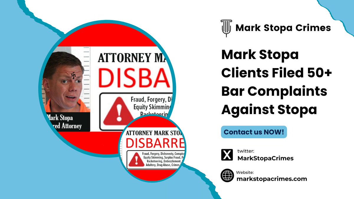 MarkStopaCrimes's tweet image. Over 50 clients and judges filed Bar complaints against 

attorney Mark Stopa between 2012–2018.

Most said he took tens of thousands in fees and did 

nothing—some even allege he stole their homes.

 #MarkStopa #LegalScandal #FloridaLaw