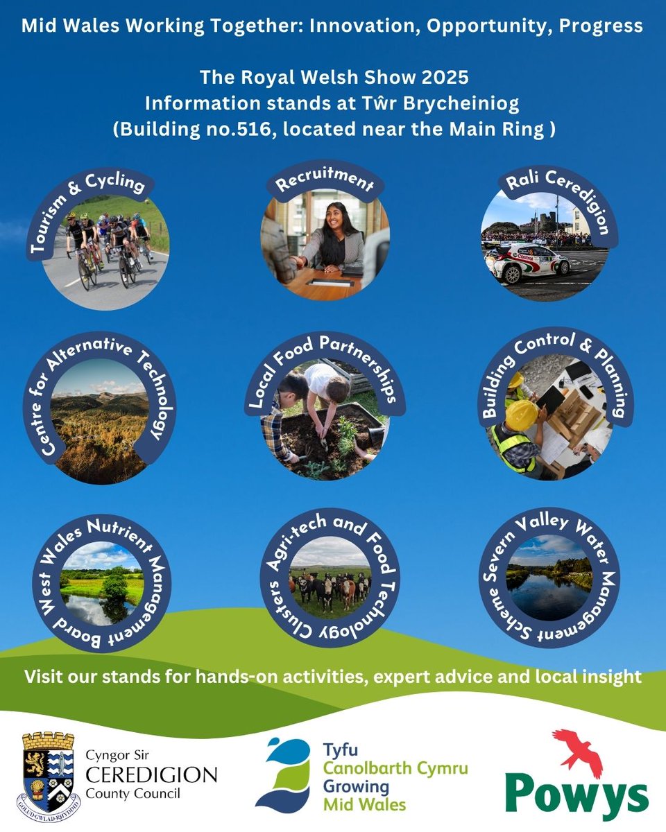 CeredigionCC's tweet image. 🚜🐏Discover what&apos;s happening across Mid Wales at the Royal Welsh Show!⚡📅 

Pop by to explore a packed programme of stands highlighting local innovation, support services, and exciting future developments happening across Mid Wales. 

ceredigion.gov.uk/resident/news/…