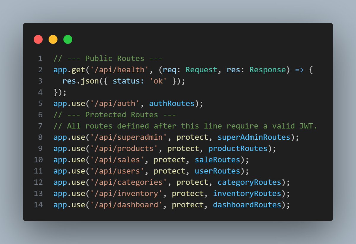 danitiestech's tweet image. Day 12/30: API Route Structure
Organized RESTful API routes:
Public Routes:
• /api/health
• /api/auth (login, register)
Protected Routes:
• /products
• /sales
• /categories
• /inventory
• /dashboard
• /users
• /superadmin

Clean APIs are happy APIs! 
#RESTAPI #APIDesign