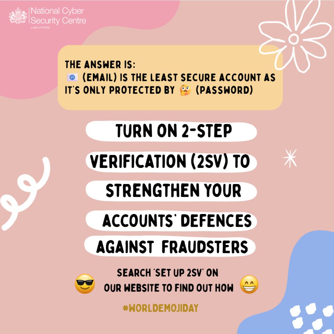 NCSC's tweet image. Here’s the answer to our #WorldEmojiDay puzzle. How secure are your own accounts?👀
2-step verification makes it significantly harder for fraudsters to access your data. Turn it on now to secure your accounts with tougher protection⬇️
ncsc.gov.uk/collection/top…