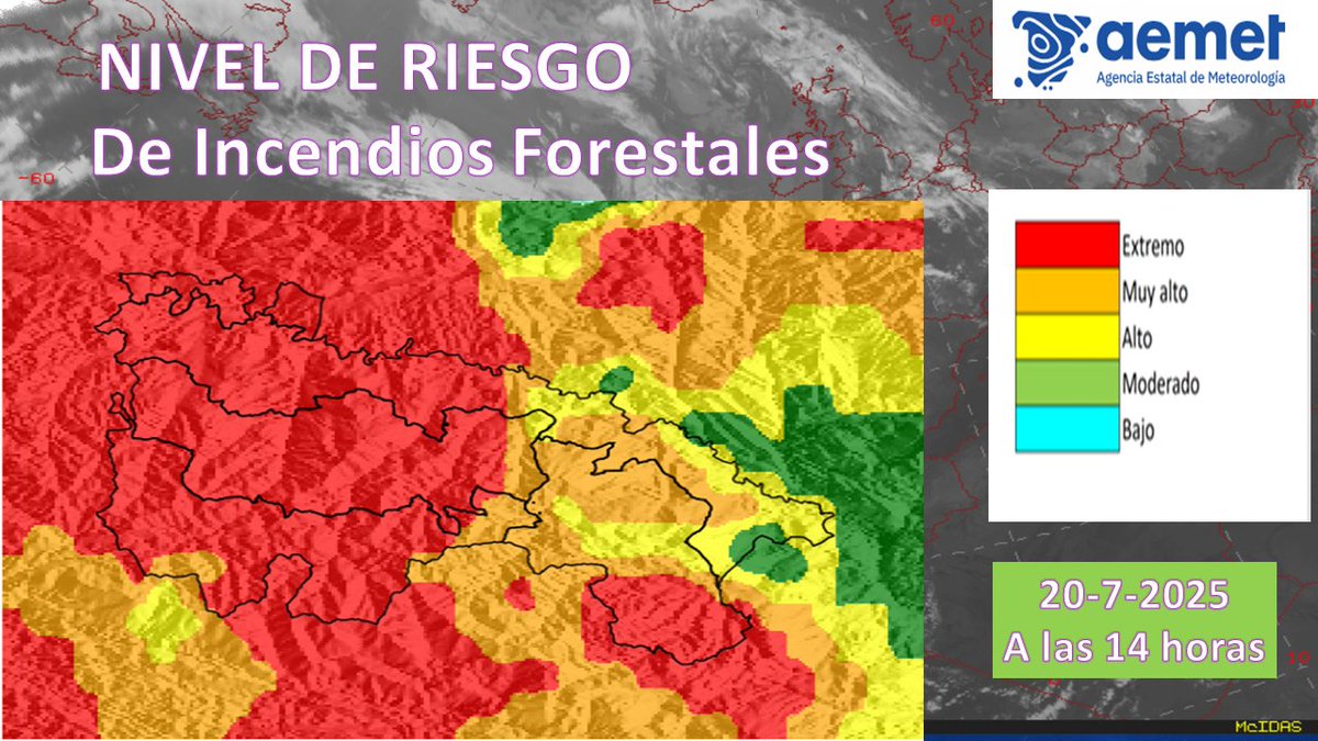 El próximo domingo 20 de julio por la tarde se extiende el nivel de riesgo extremo de incendios forestales a 3/4 partes de #LaRioja . Mas detalle abajo (las zonas en color rojo)