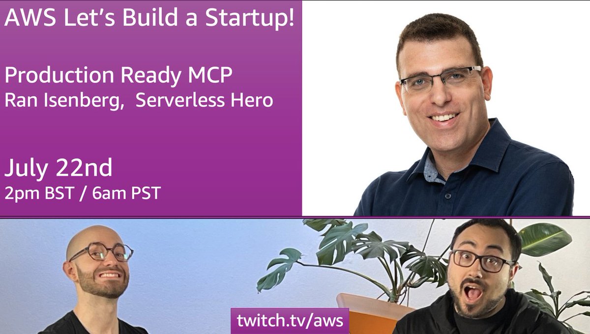 Ran Isenberg (@ranbuilder) on Twitter photo 🚀 Excited to join forces with Giuseppe Battista on the AWS Startups Twitch stream next Tuesday, July 22nd, at 2 PM BST!
We’ll explore building Lambda based MCP servers on AWS—what works, what breaks, and how to make it as production-grade as possible (within reason 😄).
I’ll 🚀 Excited to join forces with Giuseppe Battista on the AWS Startups Twitch stream next Tuesday, July 22nd, at 2 PM BST!
We’ll explore building Lambda based MCP servers on AWS—what works, what breaks, and how to make it as production-grade as possible (within reason 😄).
I’ll