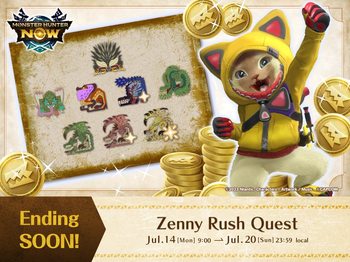 MH_Now_EN's tweet image. Last call for Zenny Rush Quest! 💰💰

This is your last chance to slay Gold Rathian, Deviljho, and more, to earn Dazzling Eggs and other epic rewards 🥚 Exchange them for Zenny in your Item Box!

#MHNow
👉monsterhunternow.com/news/zennyrush…