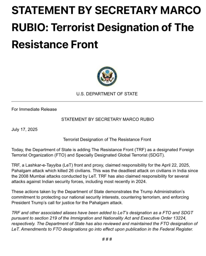 arvind27591's tweet photo. TRF 'The Resistance Front', the Lashkar-e-Tayyiba proxy behind the #PahalgamTerrorAttack, has officially been designated as a Foreign Terrorist Organization by the U.S. State Department.
Terror has no borders — and now, no place to hide.
#TRF #LeT #PahalgamAttack #GlobalTerror https://t.co/tpYGqhA0aU