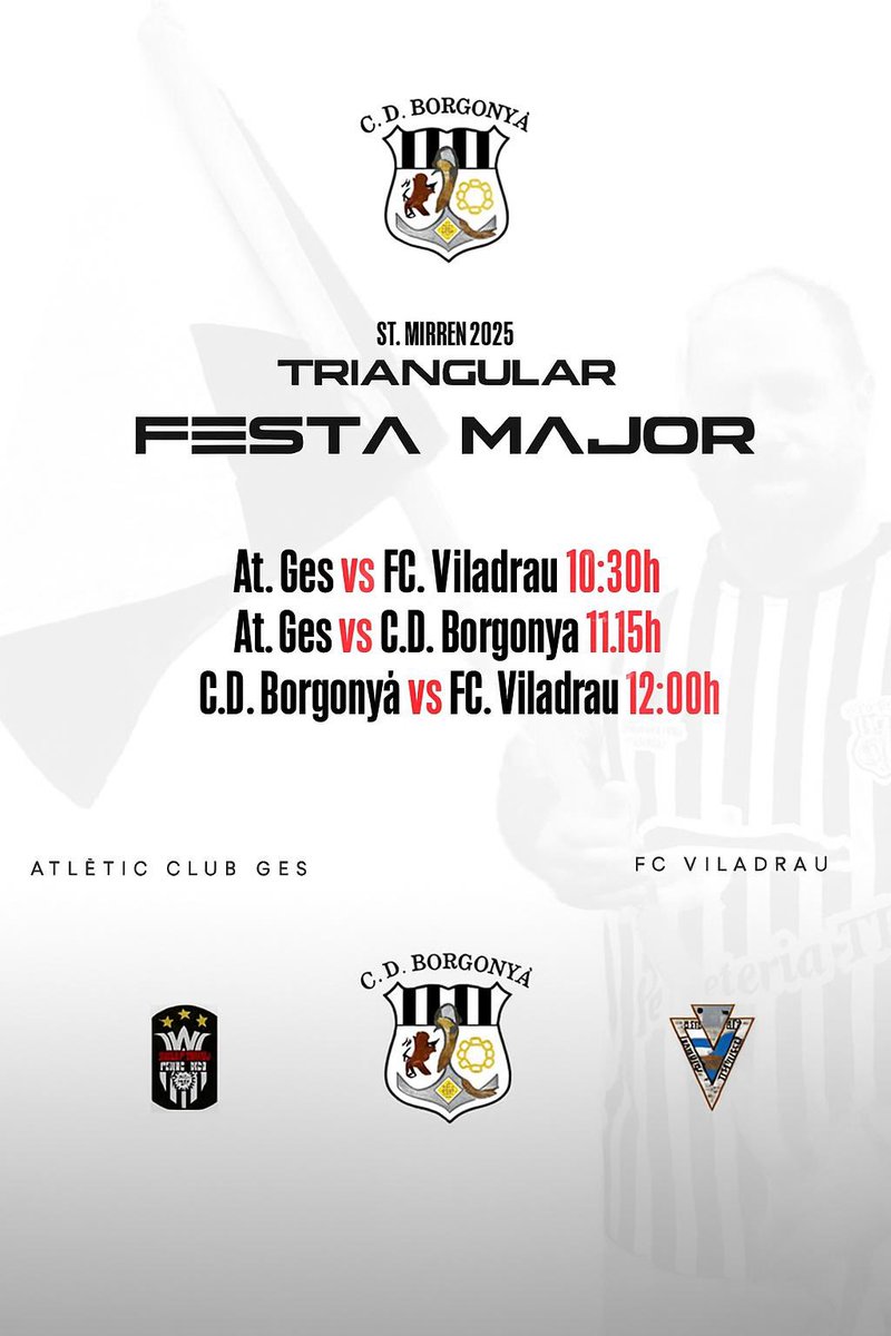 C.D. BORGONYÀ (@cdborgonya) on Twitter photo TRIANGULAR DE FESTA MAJOR!
Aquest diumenge celebrem el primer triangular Saint Mirren 2025, en honor al <a href="/saintmirrenfc/">St Mirren FC</a> ,com més ens agrada: amb futbol, rivalitat sana i molt ambient!
📍 Camp de Futbol del <a href="/cdborgonya/">C.D. BORGONYÀ</a>
🗓️ Diumenge 2O de juliol
Us hi esperem!!! TRIANGULAR DE FESTA MAJOR!
Aquest diumenge celebrem el primer triangular Saint Mirren 2025, en honor al <a href="/saintmirrenfc/">St Mirren FC</a> ,com més ens agrada: amb futbol, rivalitat sana i molt ambient!
📍 Camp de Futbol del <a href="/cdborgonya/">C.D. BORGONYÀ</a>
🗓️ Diumenge 2O de juliol
Us hi esperem!!!