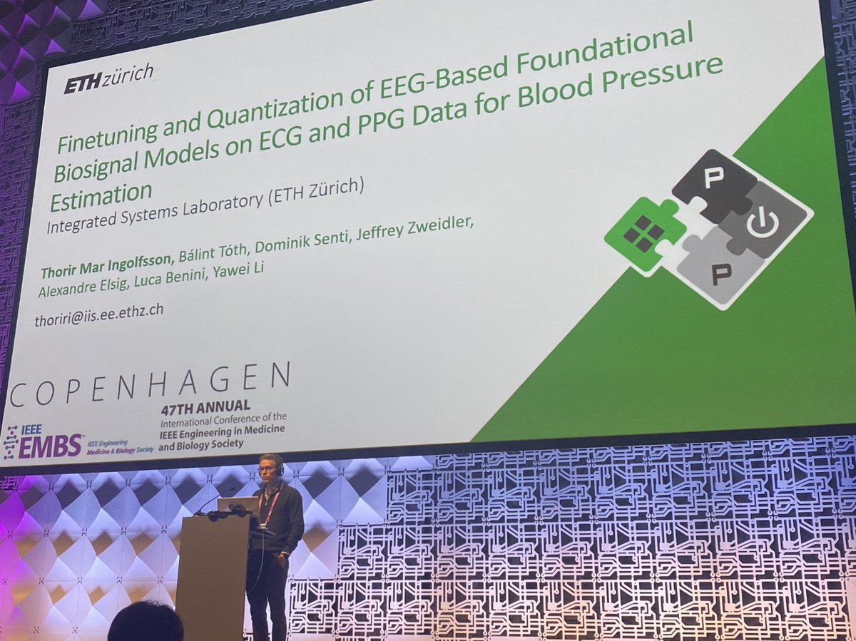 pulp_platform's tweet image. And here is @ThorirMar presenting "Finetuning and Quantization of EEG-Based Foundational BioSignal Models on ECG and PPG Data for Blood Pressure Estimation" at #EMBC2025 in Copenhagen: arxiv.org/abs/2502.17460