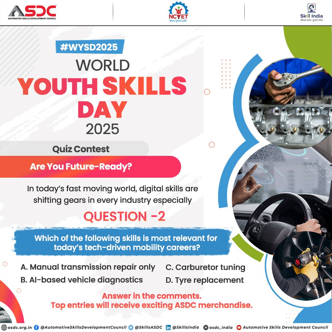 ASDC is happy to announce its second question for the WYSD 2025 Quiz Contest.

Digital skills are becoming the new driving force in automotive careers.

Drop your answer in the comments and win exciting rewards.

#WYSD2025 #DigitalSkills #AutomotiveCareers