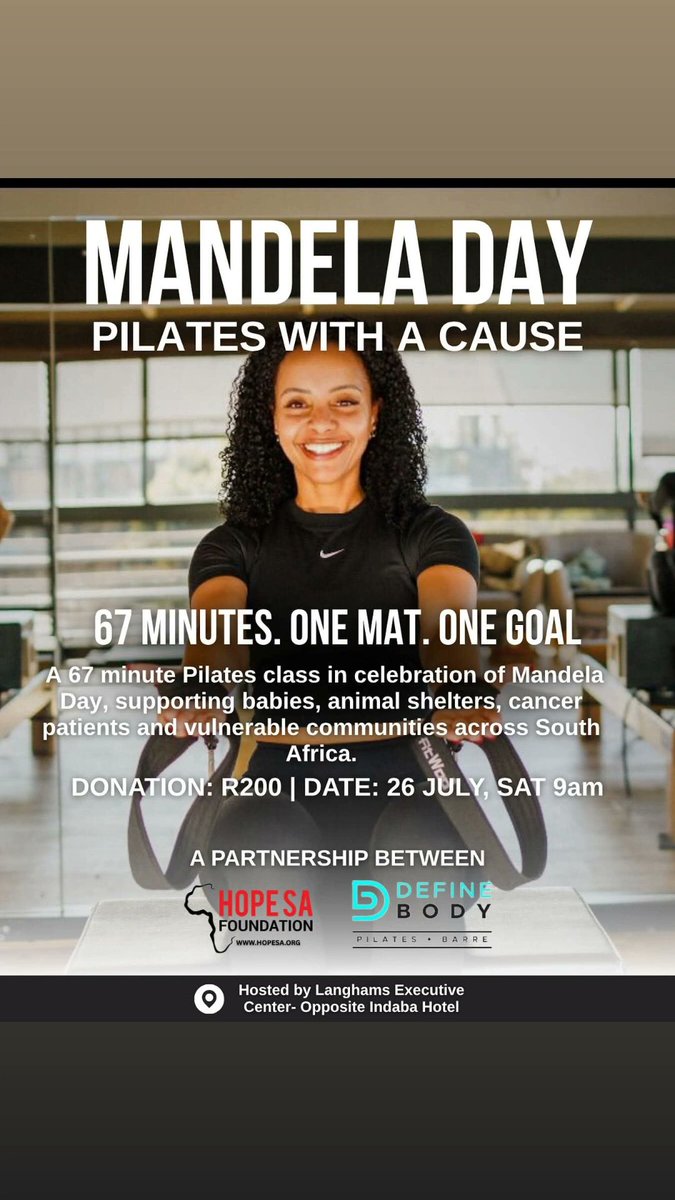 HopeSAfoundatio's tweet image. Mandela Day event : weβre sweating for a cause that matters. π§ββοΈπΏπ¦
Join HOPE SA Foundation & Define Body for a *67-minute mat Pilates class and help us bring comfort and care to babies, cancer patients, and vulnerable families across South Africa.
π Saturday, 26 July 2025
β°β¦