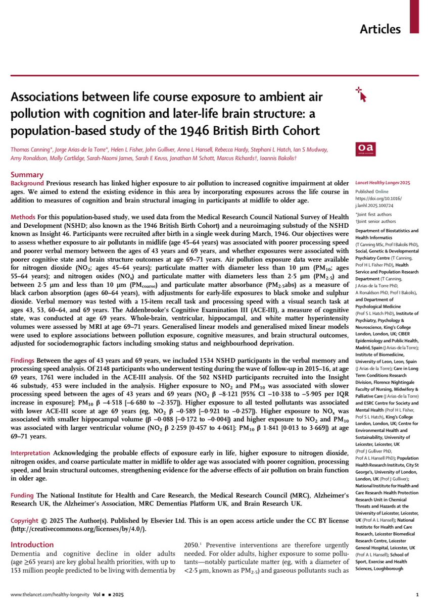 jmschott's tweet image. Latest @MRCLHA Insight 46 paper — TL/DR: midlife air pollution influences late life cognitive function. Full text @LancetLongevity authors.elsevier.com/sd/article/S26…