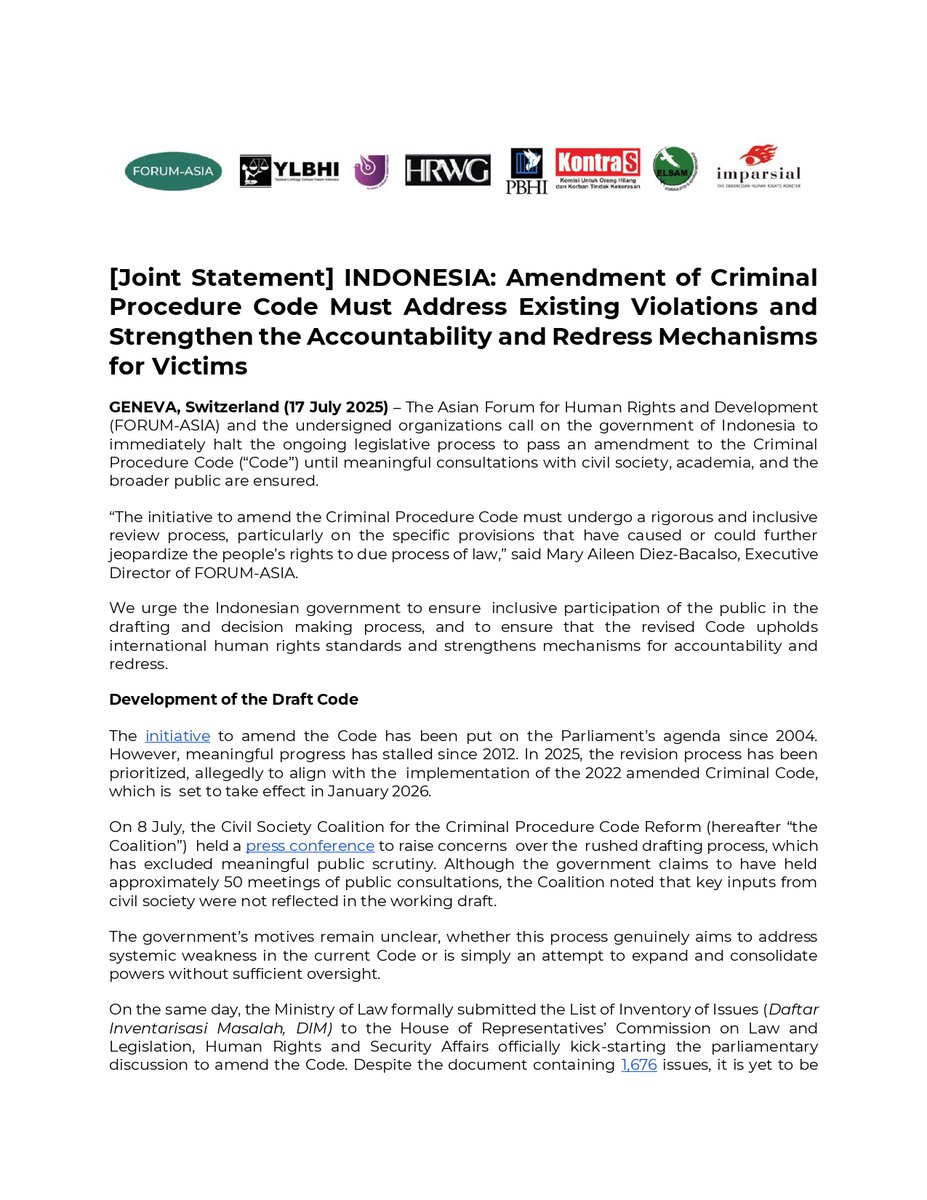 KontraSupdates's tweet image. 📢📢@KontraS as member of @forum_asia calls on the Government of #Indonesia to immediately halt the ongoing legislative process to pass an amendment to the Criminal Procedure Code until meaningful consultations with civil society, academia, and the broader public are ensured.