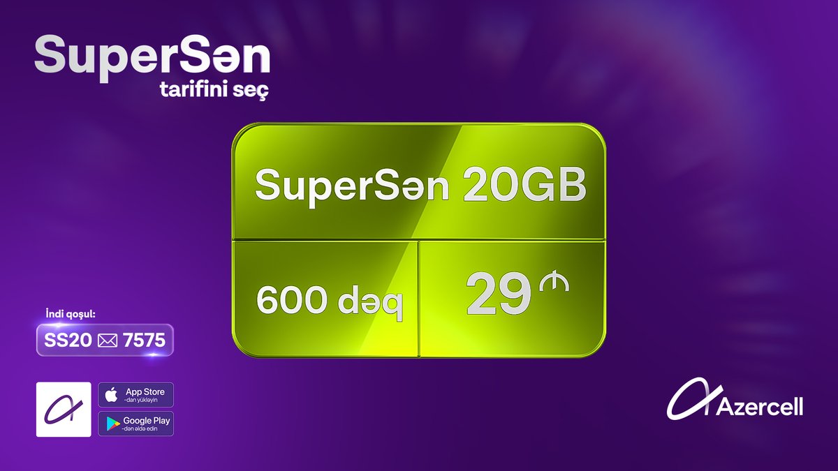 Sən + dostların + limitsiz ünsiyyət = SuperSən! 😎
Yeni “SuperSən” tarif paketində 20GB internet və 600 dəqiqəlik danışıq müddəti səni gözləyir! 😍
Paketi elə indi Azercell tətbiqində və yaxud "SS20" yazıb 7575-ə göndərərək aktivləşdir. 📱✅
Günün də, tarifin də super olsun! 💜